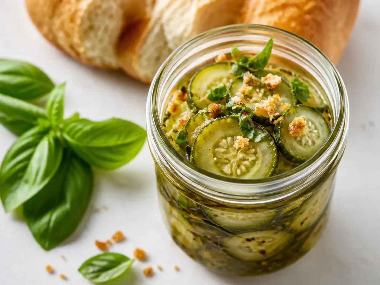 Plain glass jar of sweet cucumber pickles with just three visible ingredients, no onion or spices.