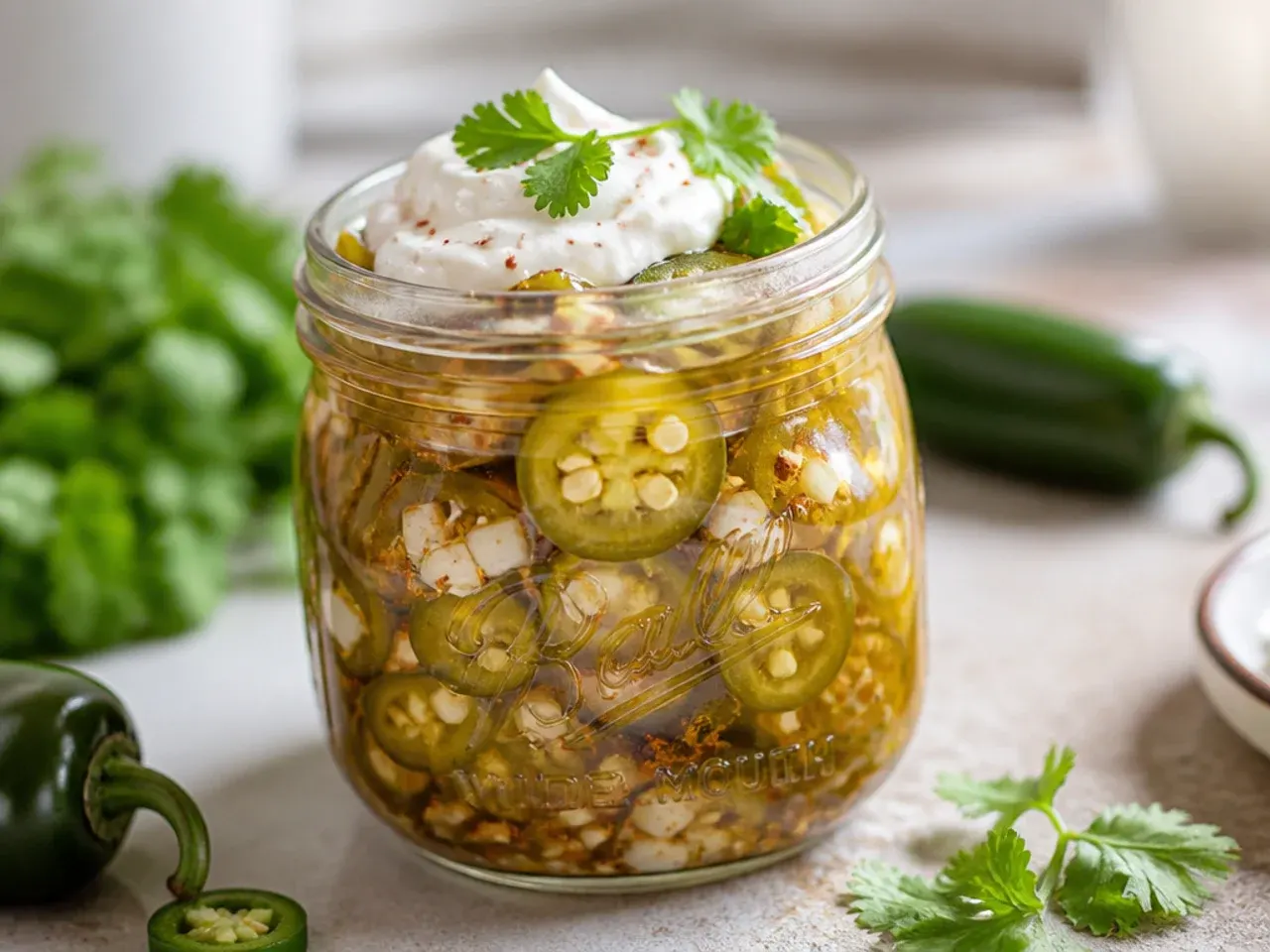 Sweet pickle jar layered with cucumber slices and bright green jalapeno rings visible through the glass.
