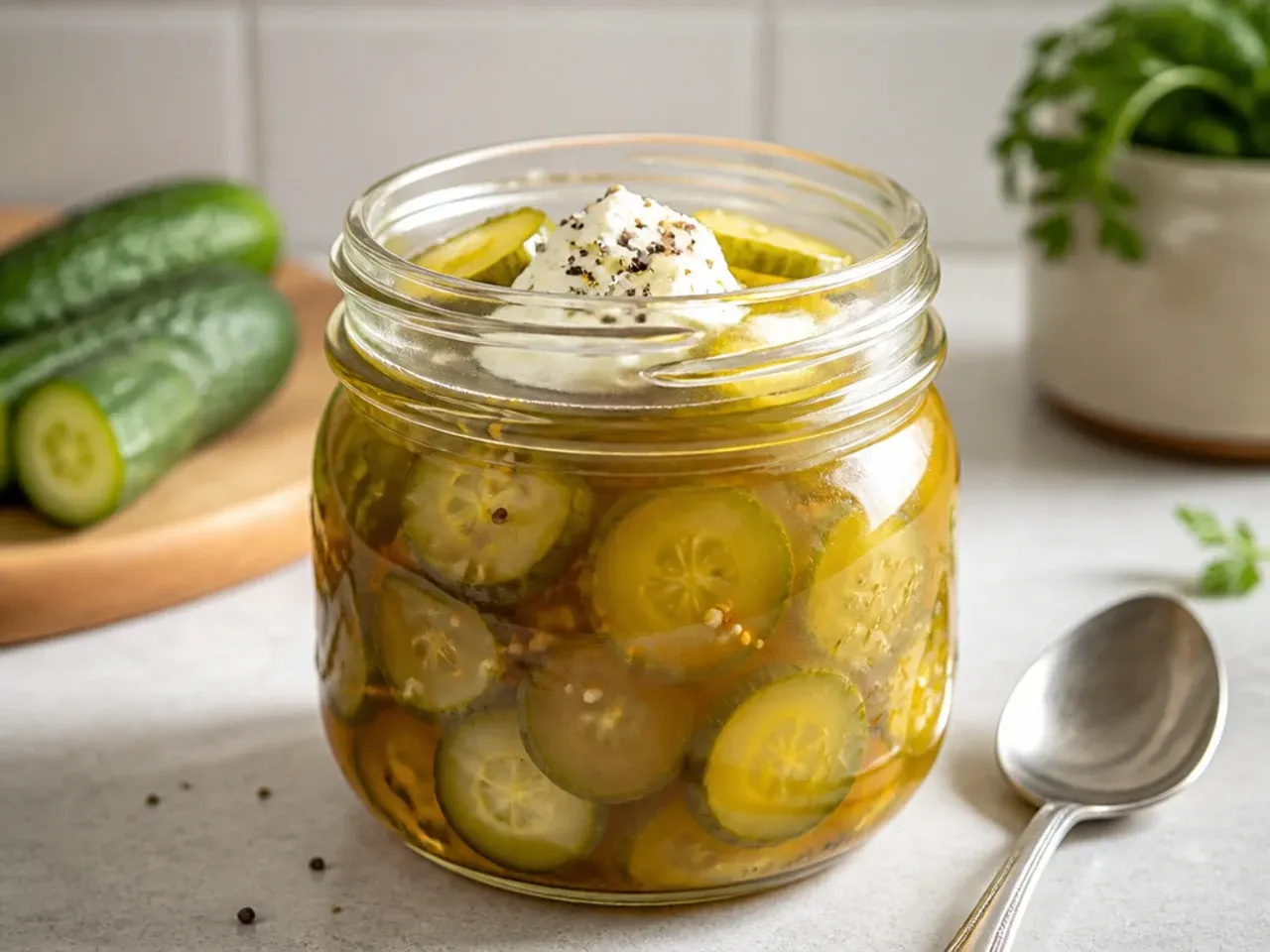 Honey being drizzled into a small saucepan of warm vinegar for a honey-sweetened pickle brine.