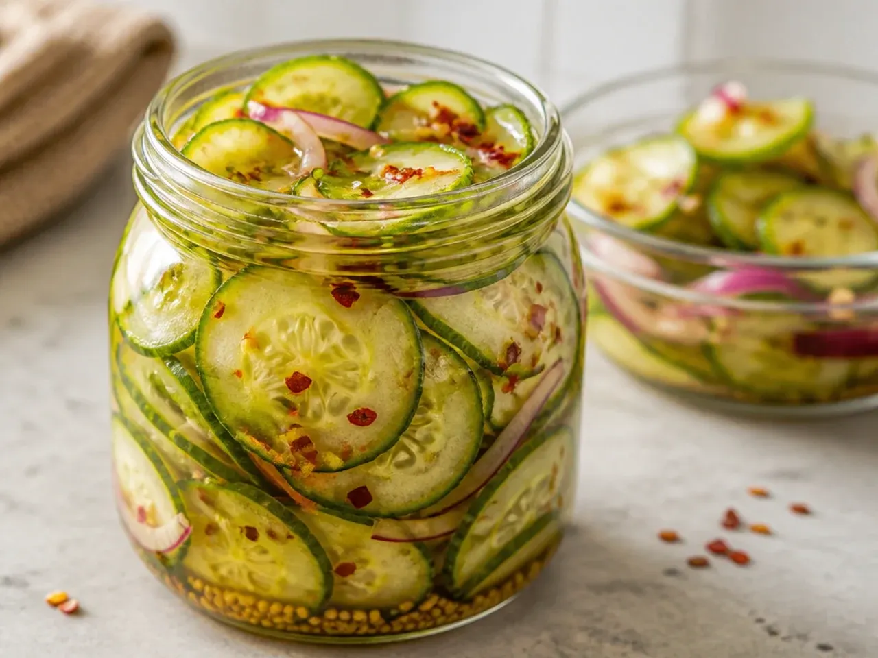 Very thin cucumber slices being quickly packed into a jar for a fast weeknight refrigerator pickle.