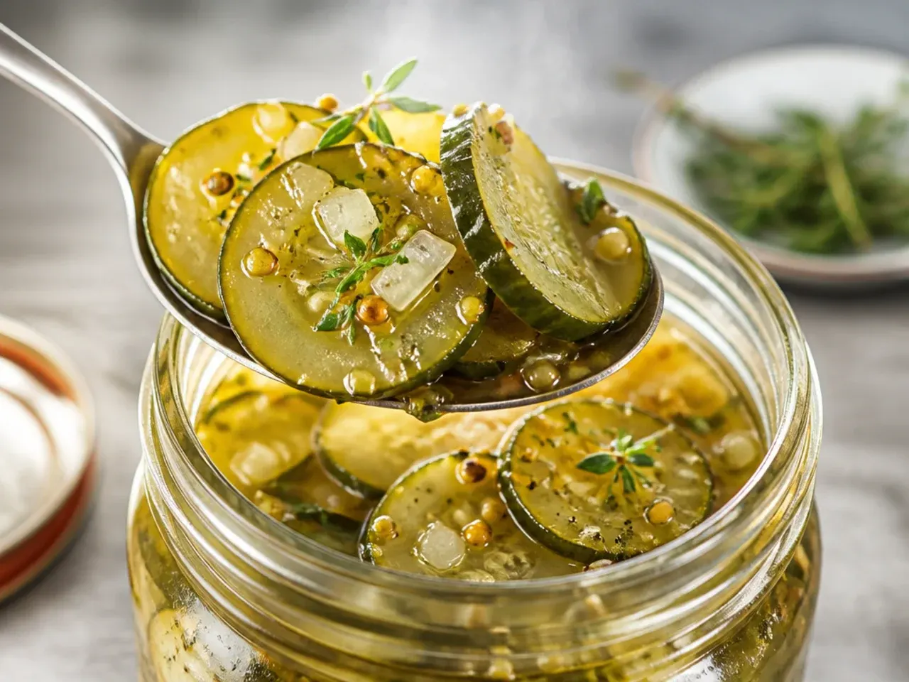 Thick rustic-cut cucumber rounds with skin on, packed into a jar with peppercorns and a bay leaf.