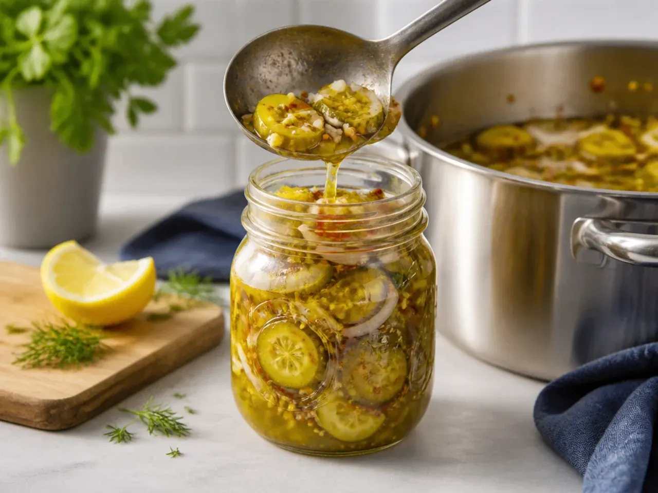 Small jar of chunky homemade sweet pickle relish with a spoon resting beside a loaded hot dog.
