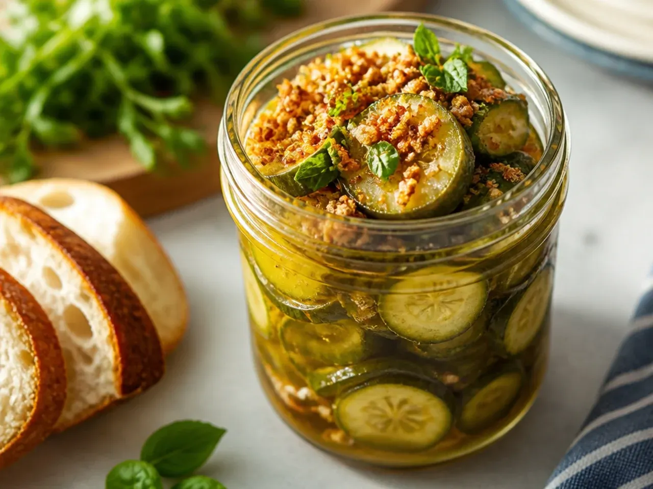 Cucumber slices soaking in a bowl of ice water to maximise crunch before pickling.