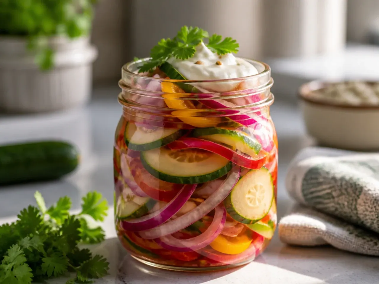 Paper-thin cucumber slices in a jar with hot brine still steaming as it's poured over.