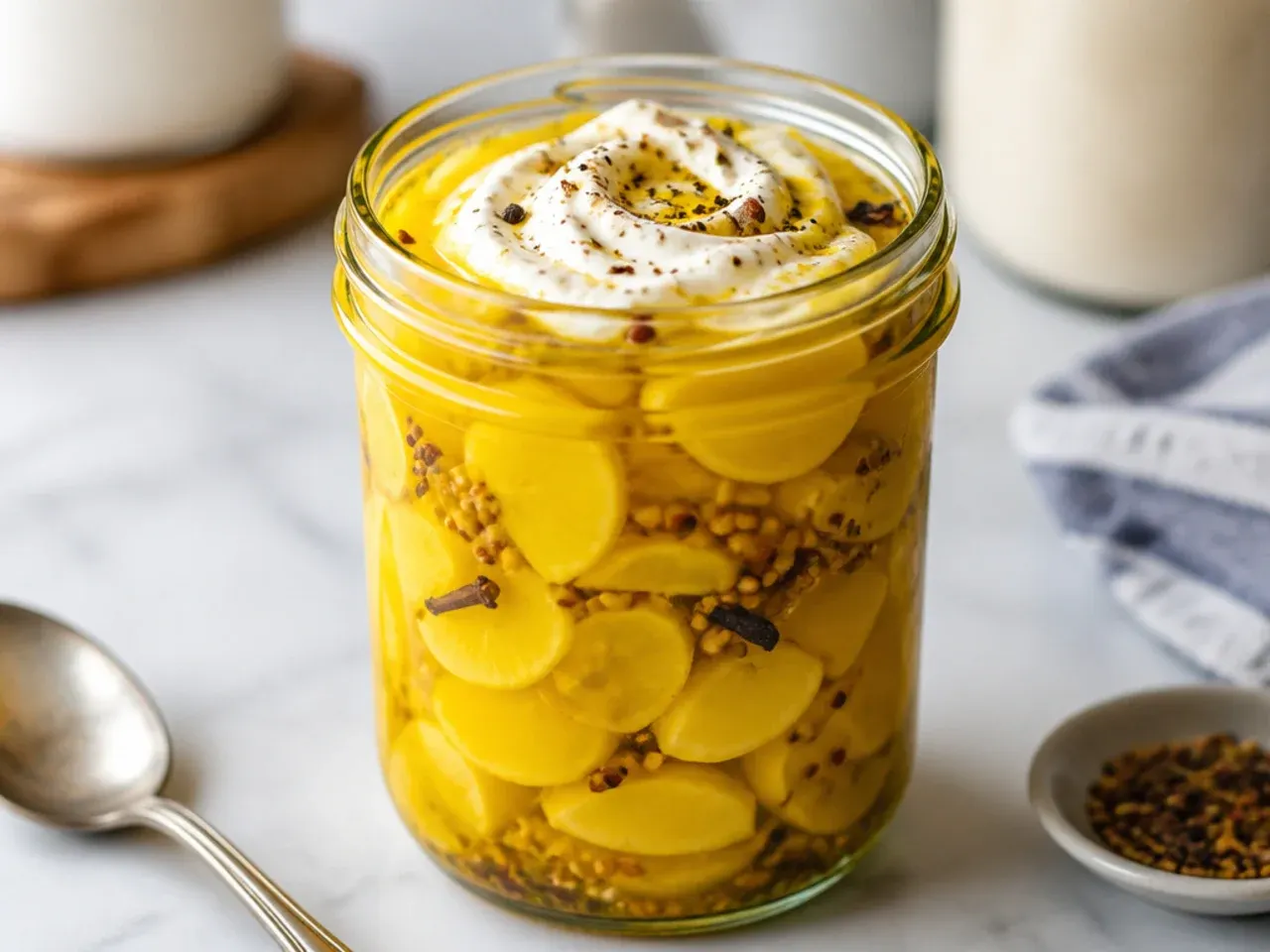 Vivid golden-yellow turmeric pickle brine glowing through a clear glass jar on a sunlit shelf.
