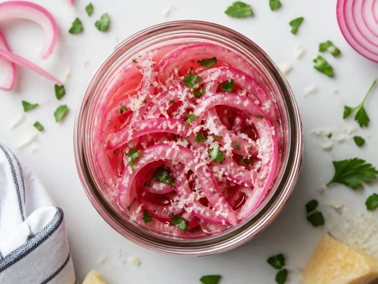 Jar packed mostly with thin sweet onion half-moons and a few cucumber slices in golden brine.