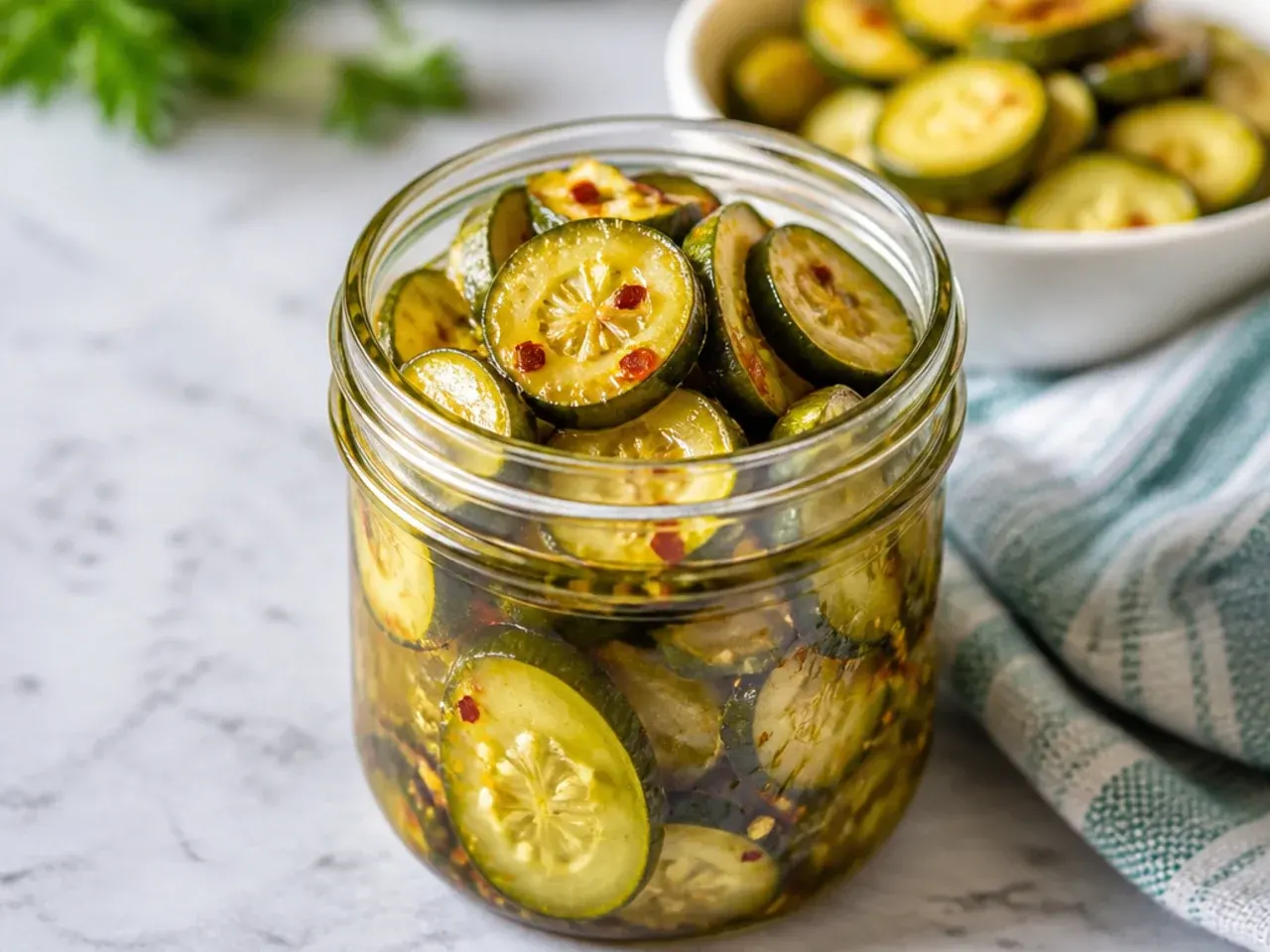 Sliced zucchini rounds packed into a jar of sweet pickle brine as a cucumber substitute.