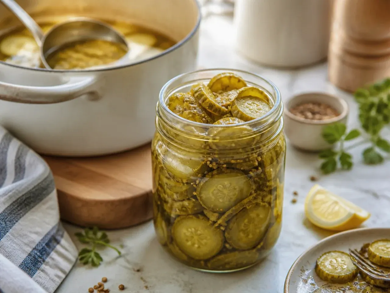 Deviled eggs topped with finely chopped sweet pickle pieces on a serving platter.
