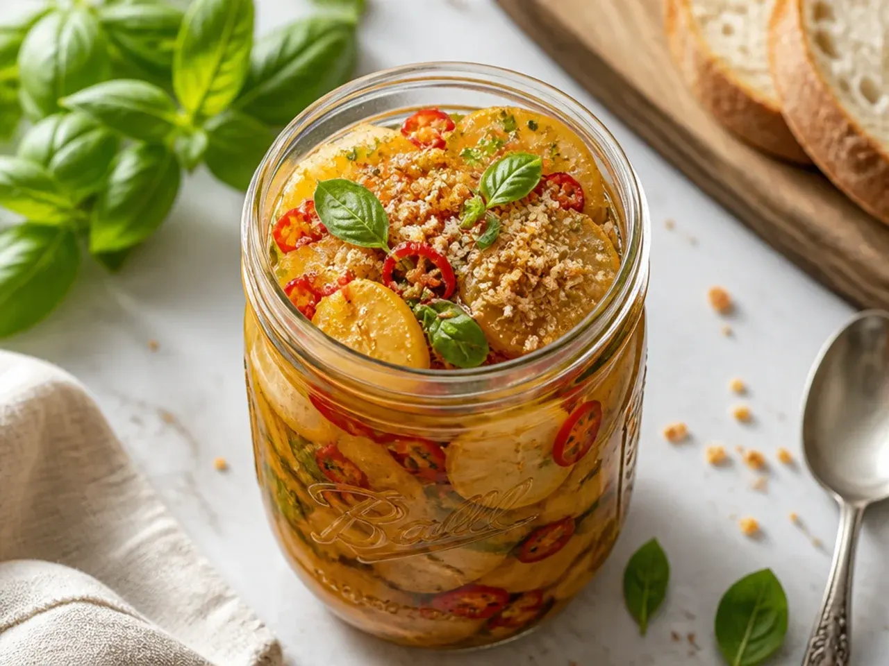 Thin slices of fresh ginger and red chilli floating in a jar of spiced sweet pickle brine.