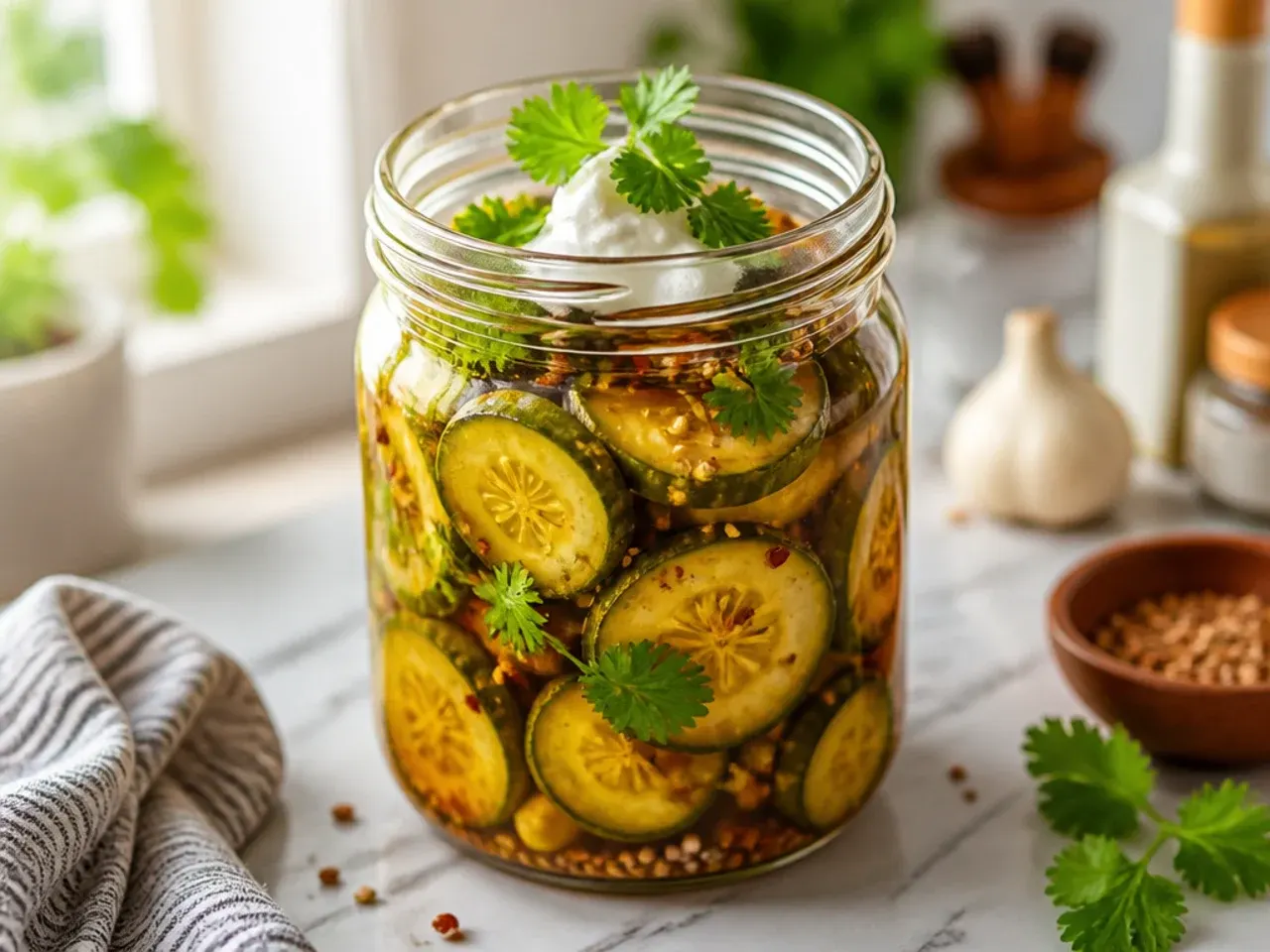 Bottle of raw apple cider vinegar being poured over cucumber slices in a jar with an amber-tinted brine.