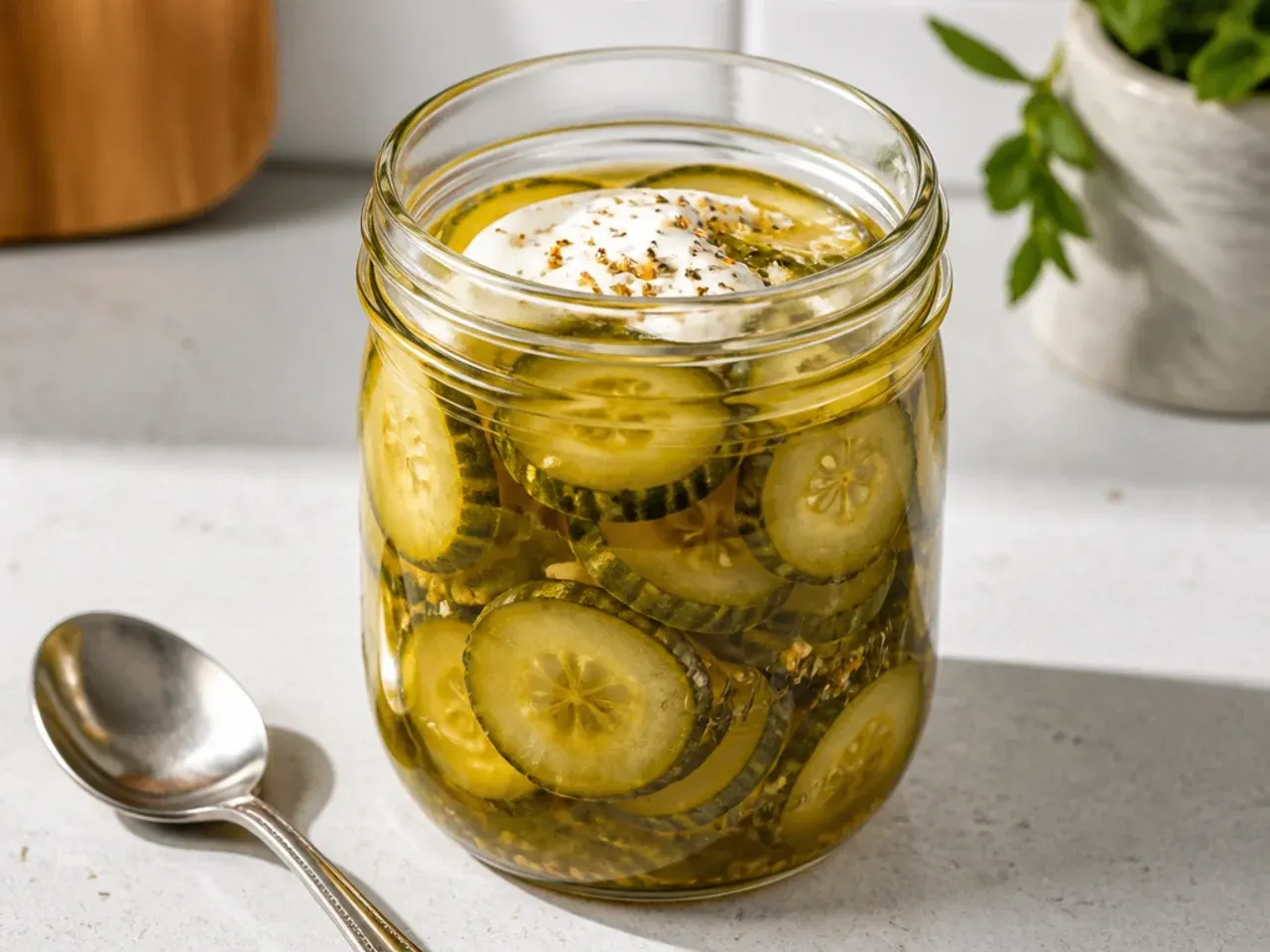 Several jars of sweet pickles alongside meal prep containers of sandwiches and salads on a counter.