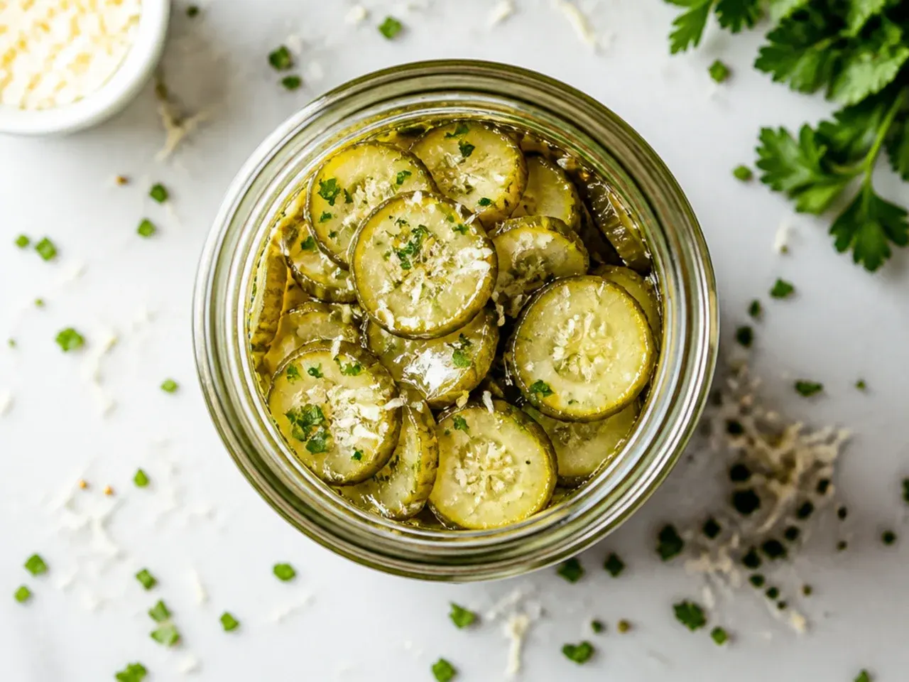 Long thin cucumber pickle spears layered inside an open sandwich next to a jar of the same spears.