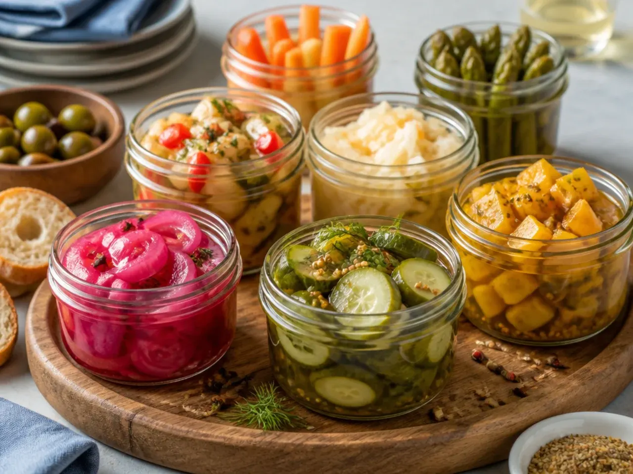Loaded burger topped with sweet pickle slices next to a small bowl of pickles on a cheese board.
