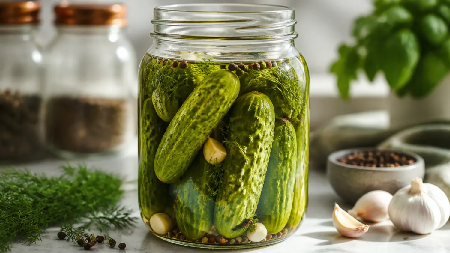Assortment of jars filled with different homemade refrigerator pickles, including cucumber spears, pickled red onions, and mixed vegetables, arranged on a wooden kitchen counter