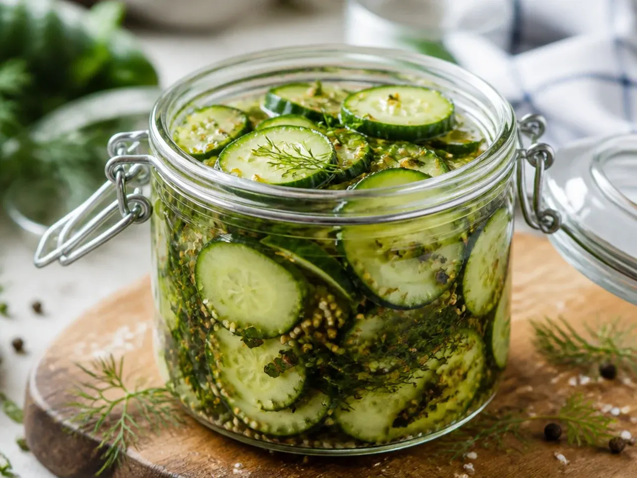 Assortment of jars filled with different homemade refrigerator pickles on a kitchen counter