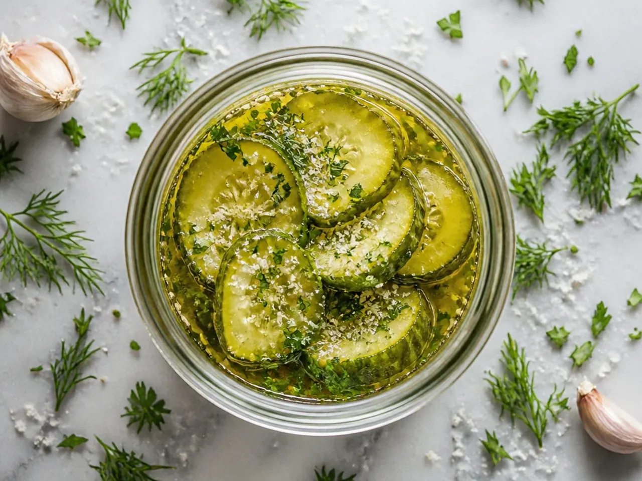 Glass jar of classic refrigerator dill pickle spears with garlic cloves and fresh dill sprigs