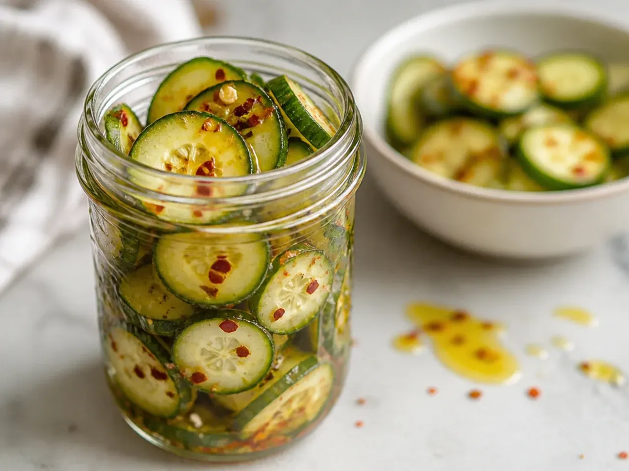 Simple jar of sliced cucumbers in a clear vinegar and water brine