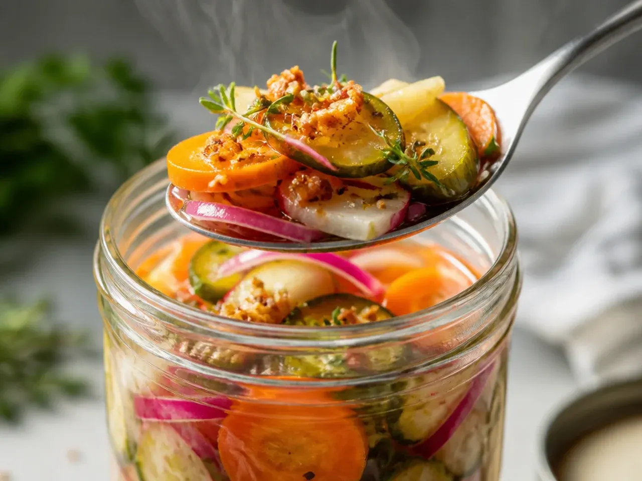 Mixed jar of pickled carrots, radishes, and green beans in brine