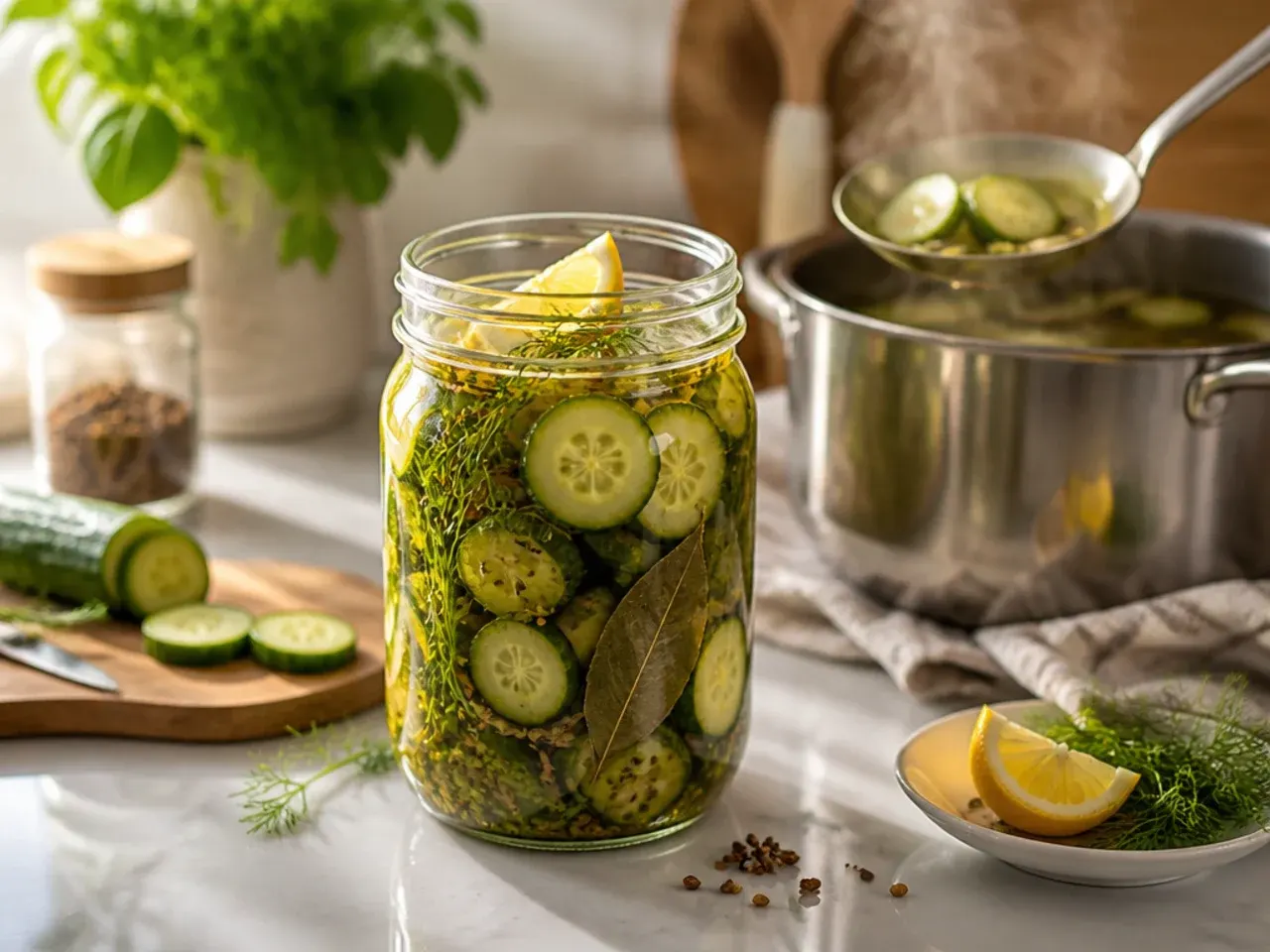 Jar of refrigerator pickles with a cinnamon stick and whole spices visible in the brine