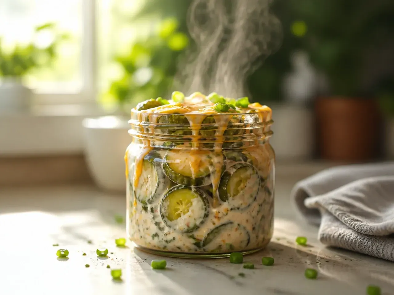 Sliced cucumber rounds in a creamy-looking ranch-seasoned pickle brine