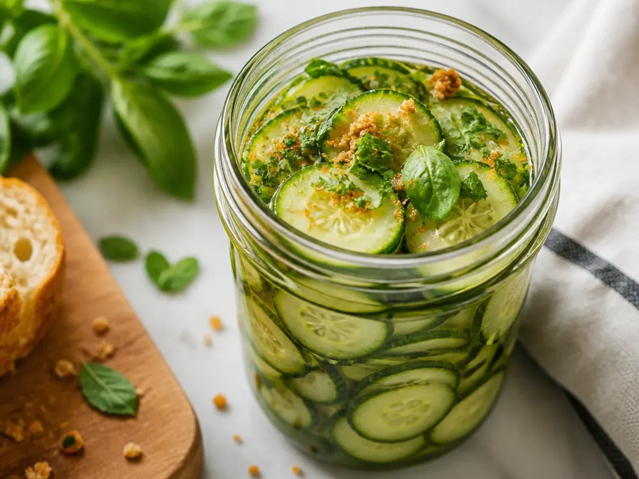 Basic jar of cucumber and onion slices in a simple vinegar brine