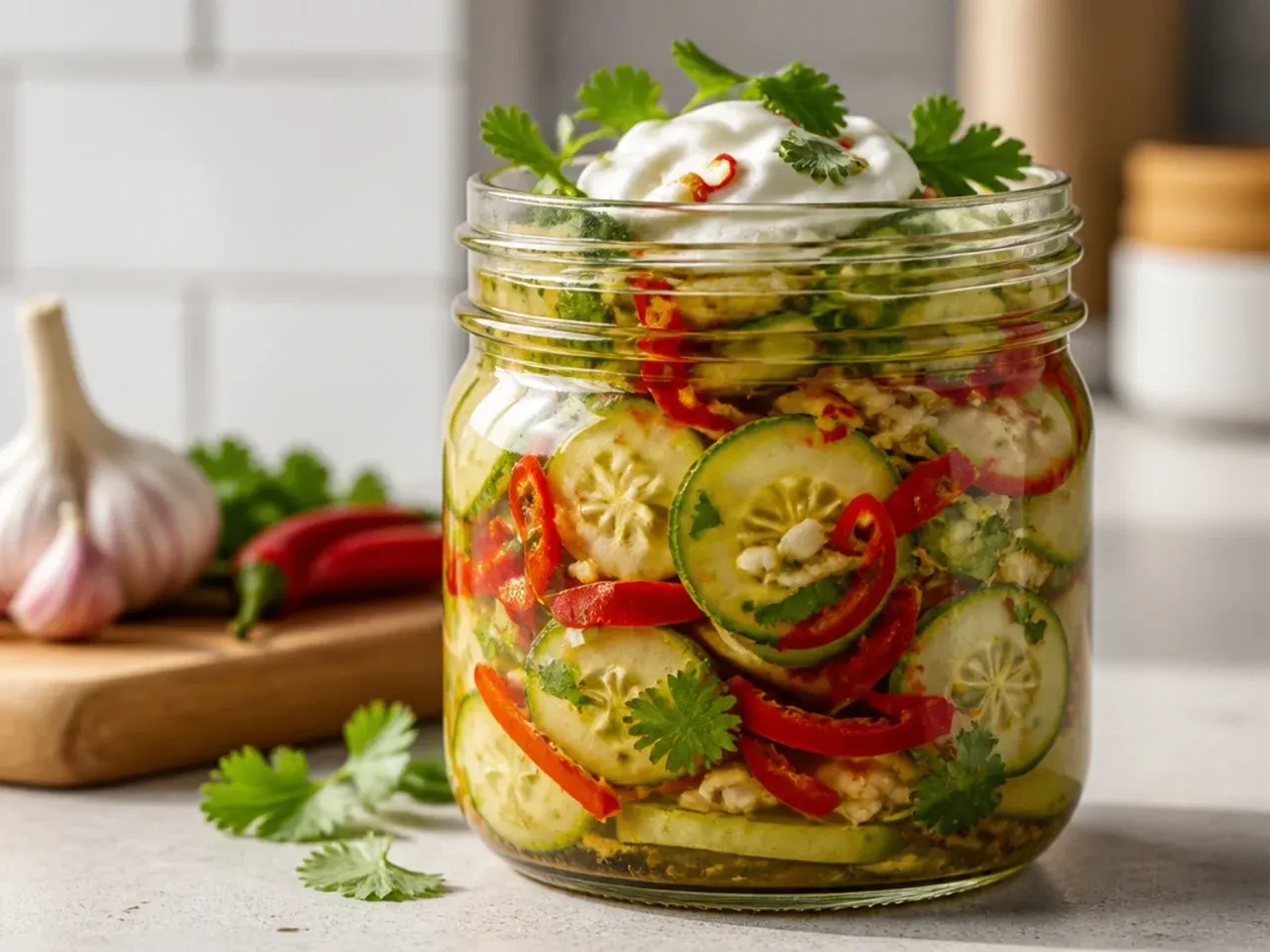 Jar of pickles with sliced red chilies and extra garlic cloves
