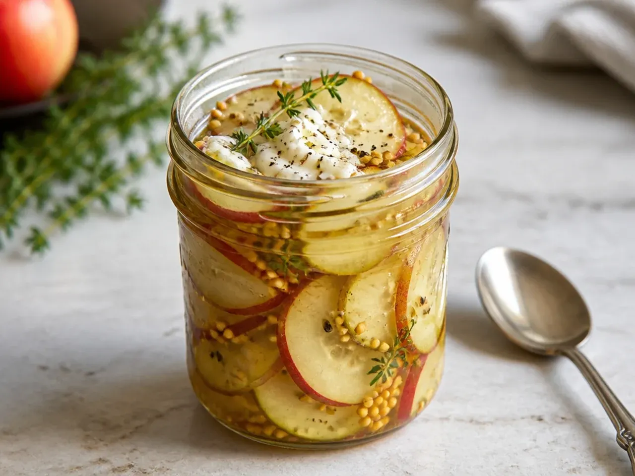 Jar of amber-tinted pickles made with apple cider vinegar and honey