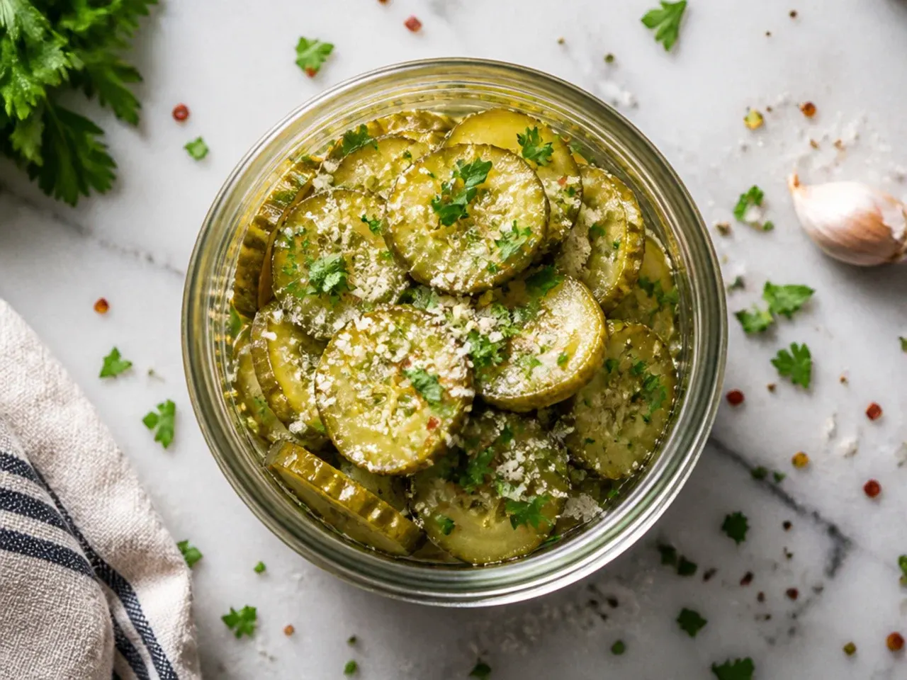 Jar of budget refrigerator pickles made with courgette and cabbage alongside cucumber