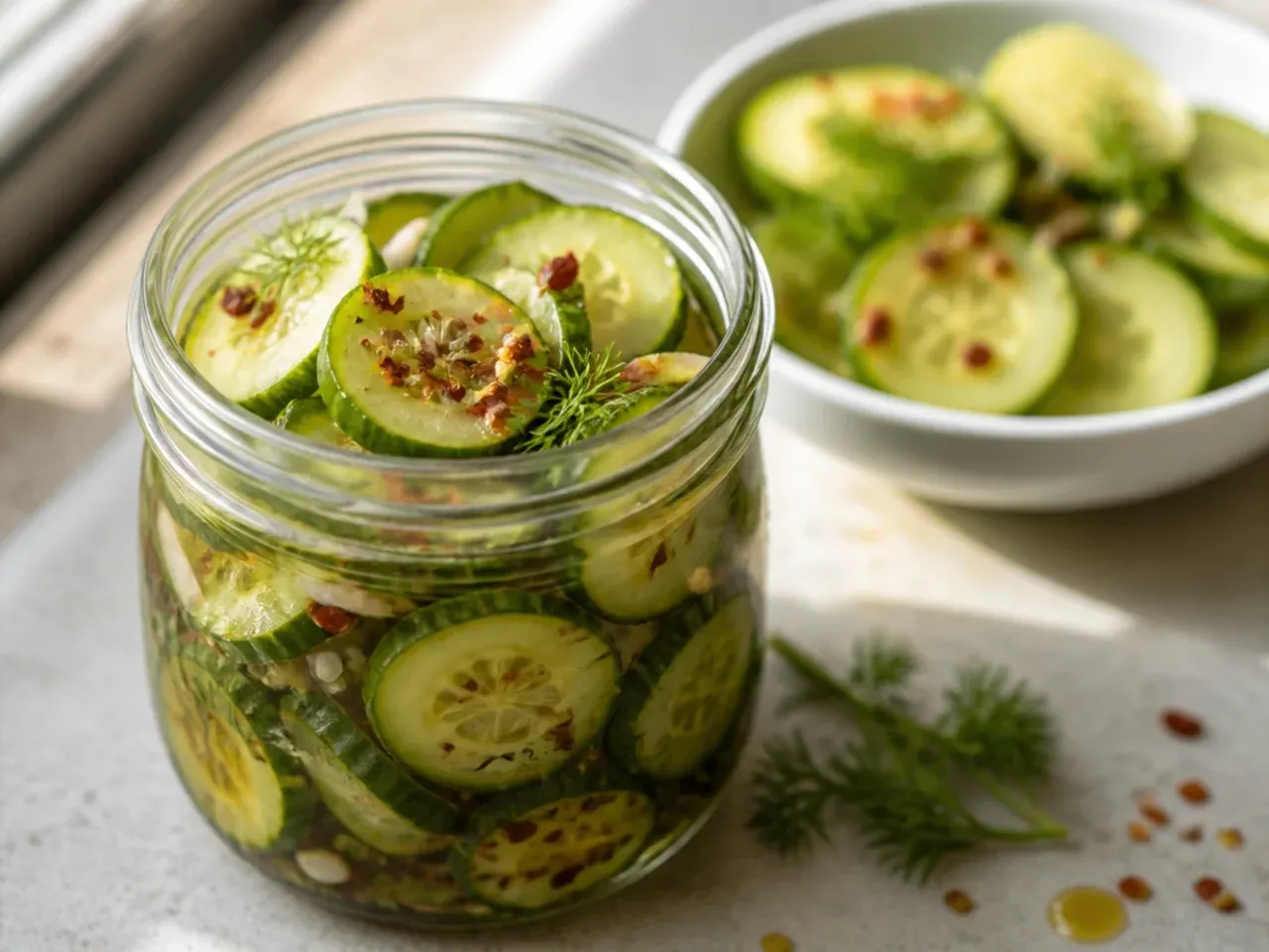 Thin cucumber slices in brine being poured while still warm