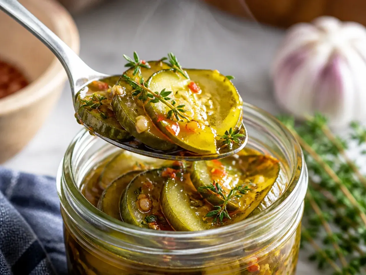 Rustic thick-cut cucumber spears with a bay leaf in a mason jar
