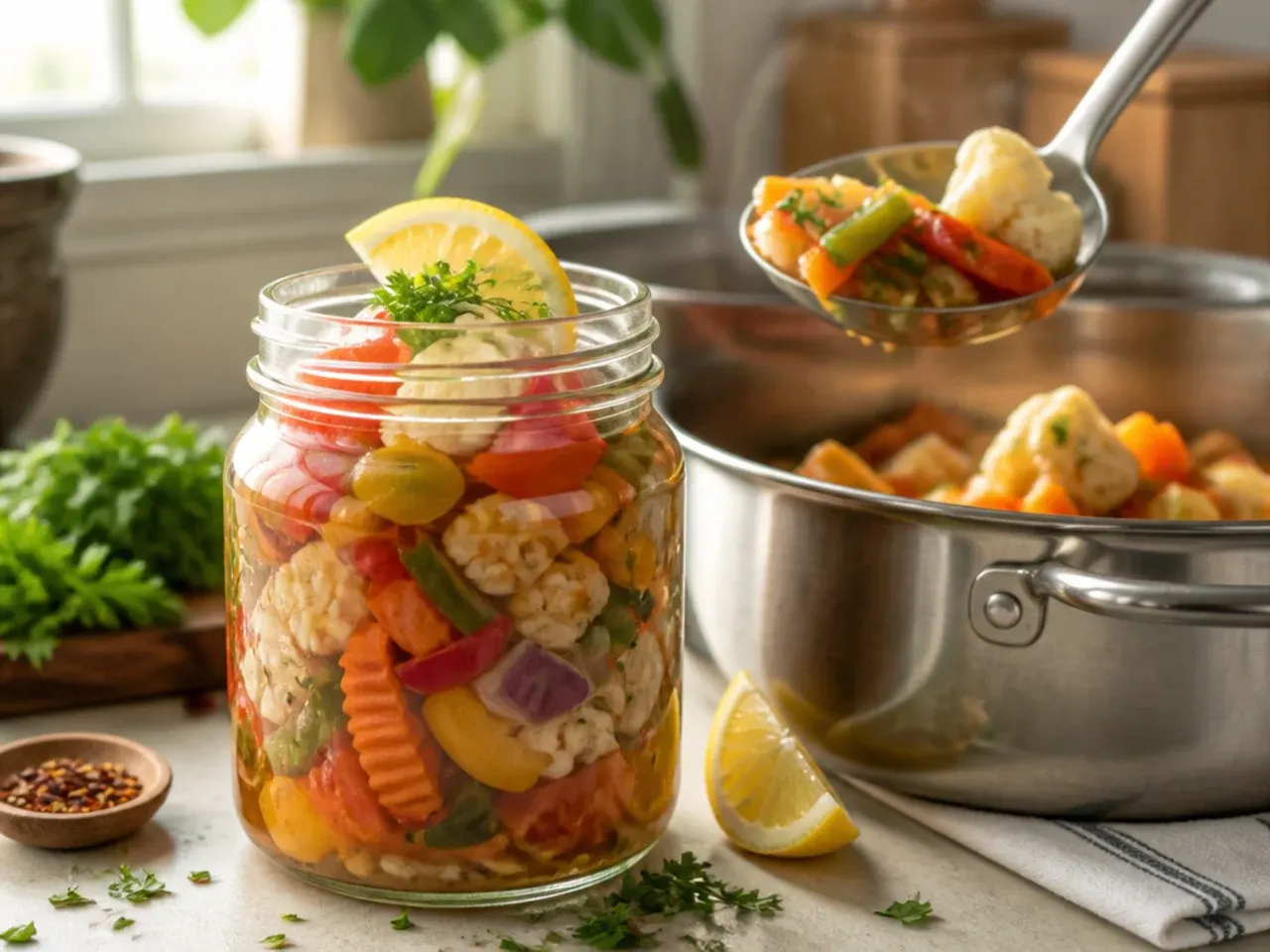 Mixed jar of cauliflower, carrot, celery, and jalapeno giardiniera-style pickles