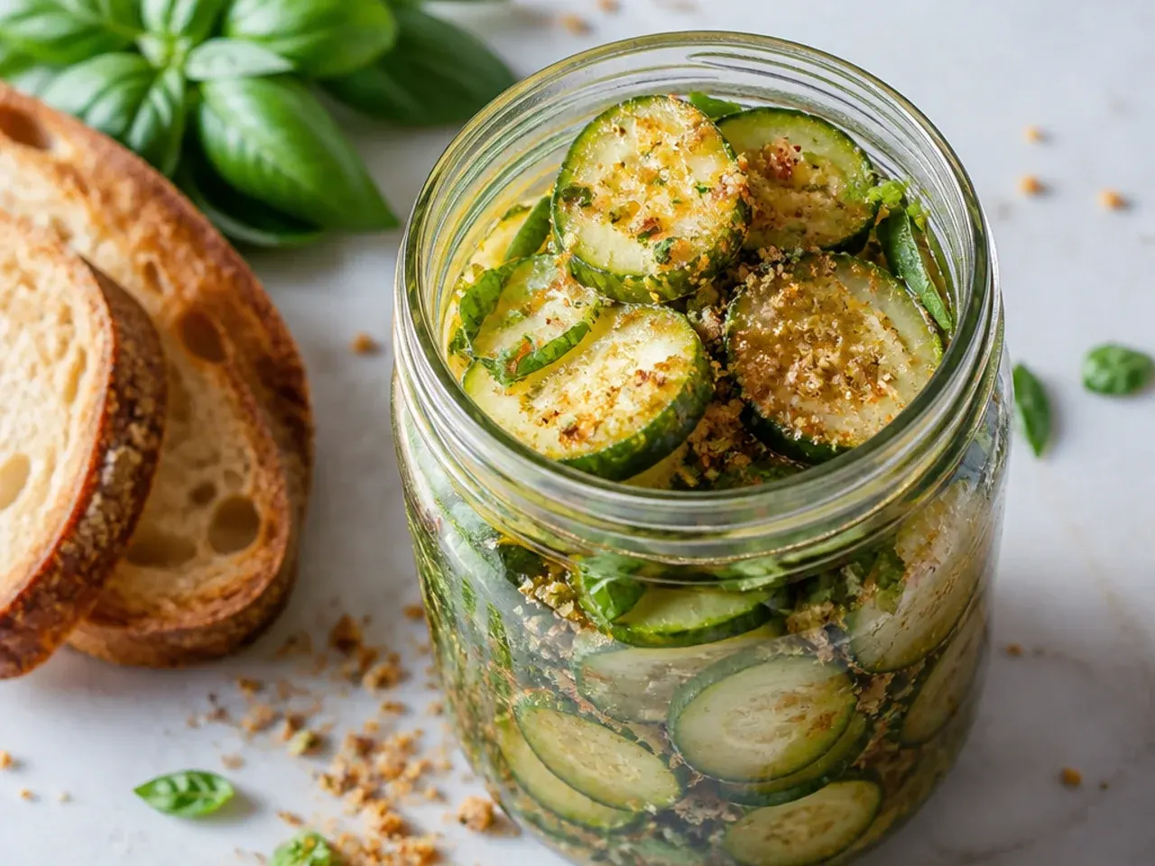 Close-up of extra crunchy pickle spears in a jar with ice water nearby