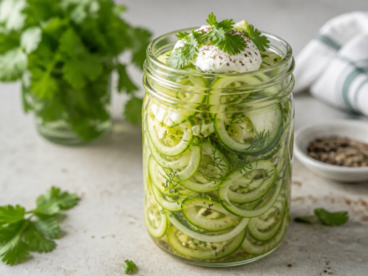 Spiralized cucumber ribbons pickling in a shallow dish of brine