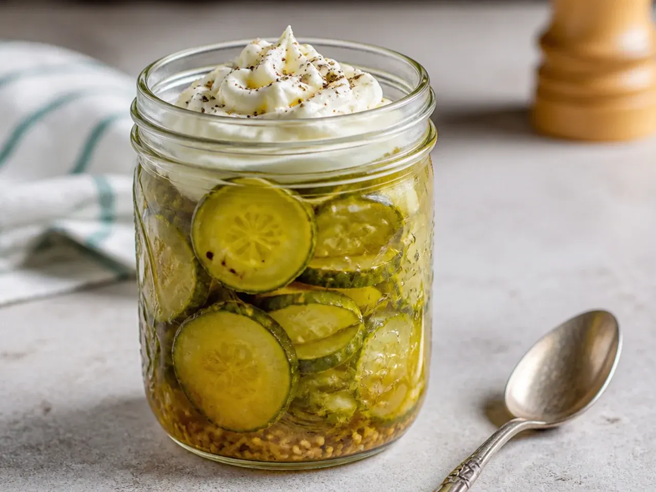 Golden turmeric-tinted bread and butter pickle rounds with sliced onion
