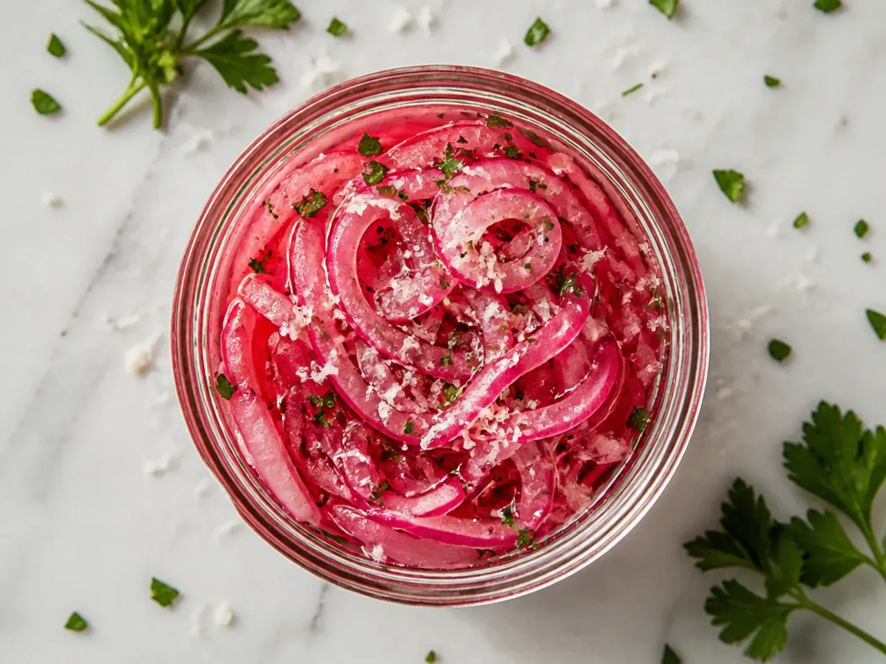 Jar of vivid pink pickled red onions