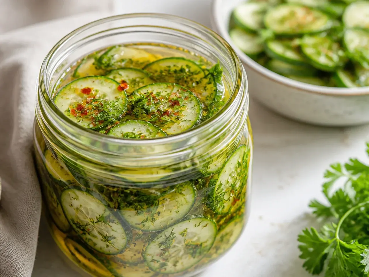 Jar of pickles with fresh tarragon and basil sprigs tucked inside