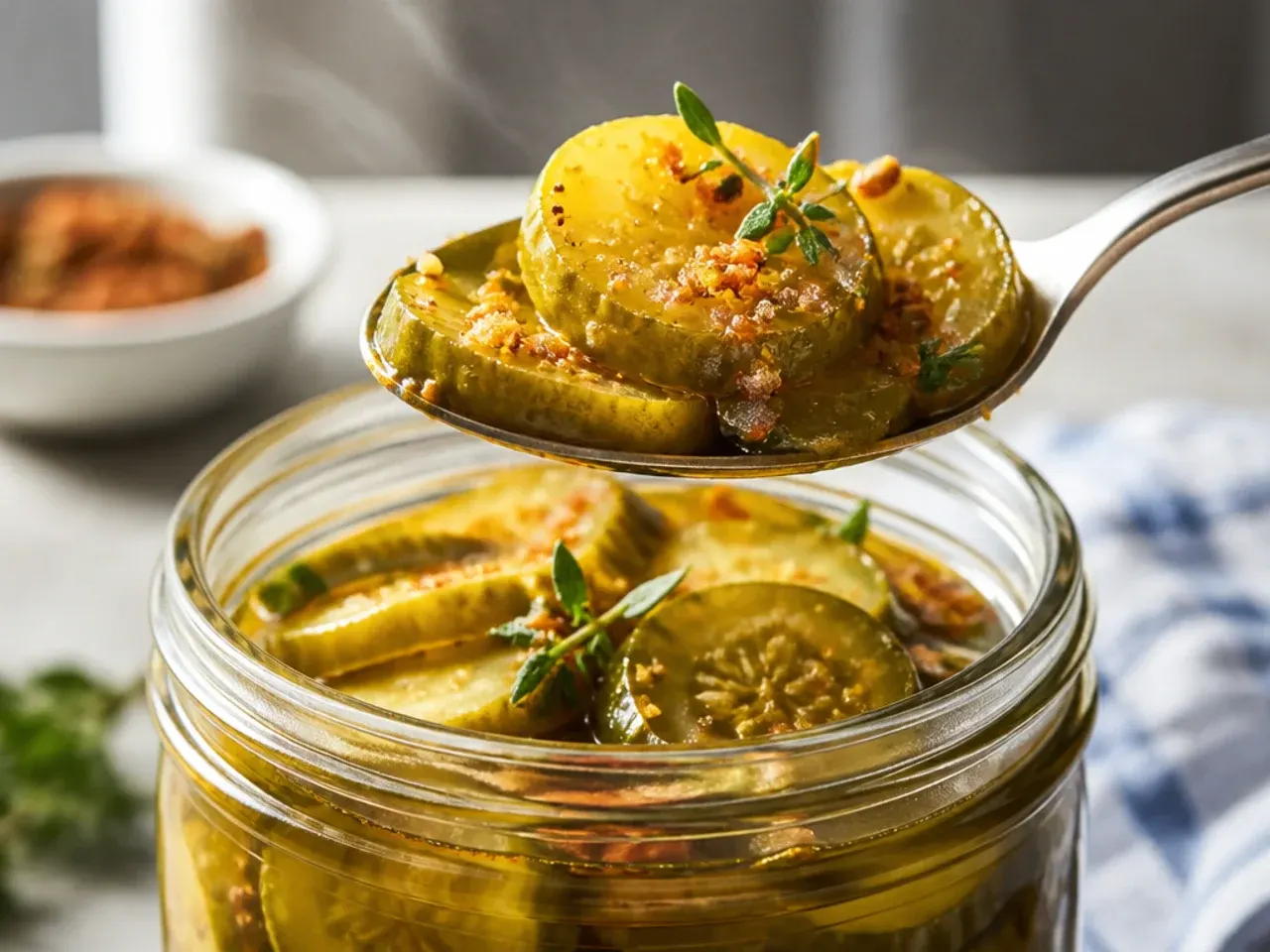 Jar of warm curry-spiced pickles with visible mustard seed and turmeric