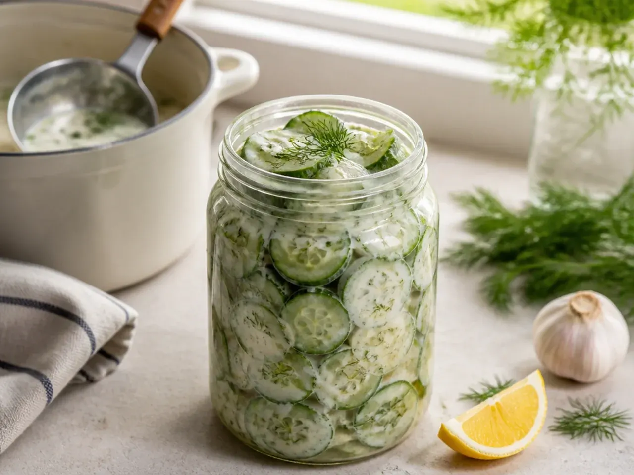 Bowl of creamy dill cucumber salad with sour cream dressing