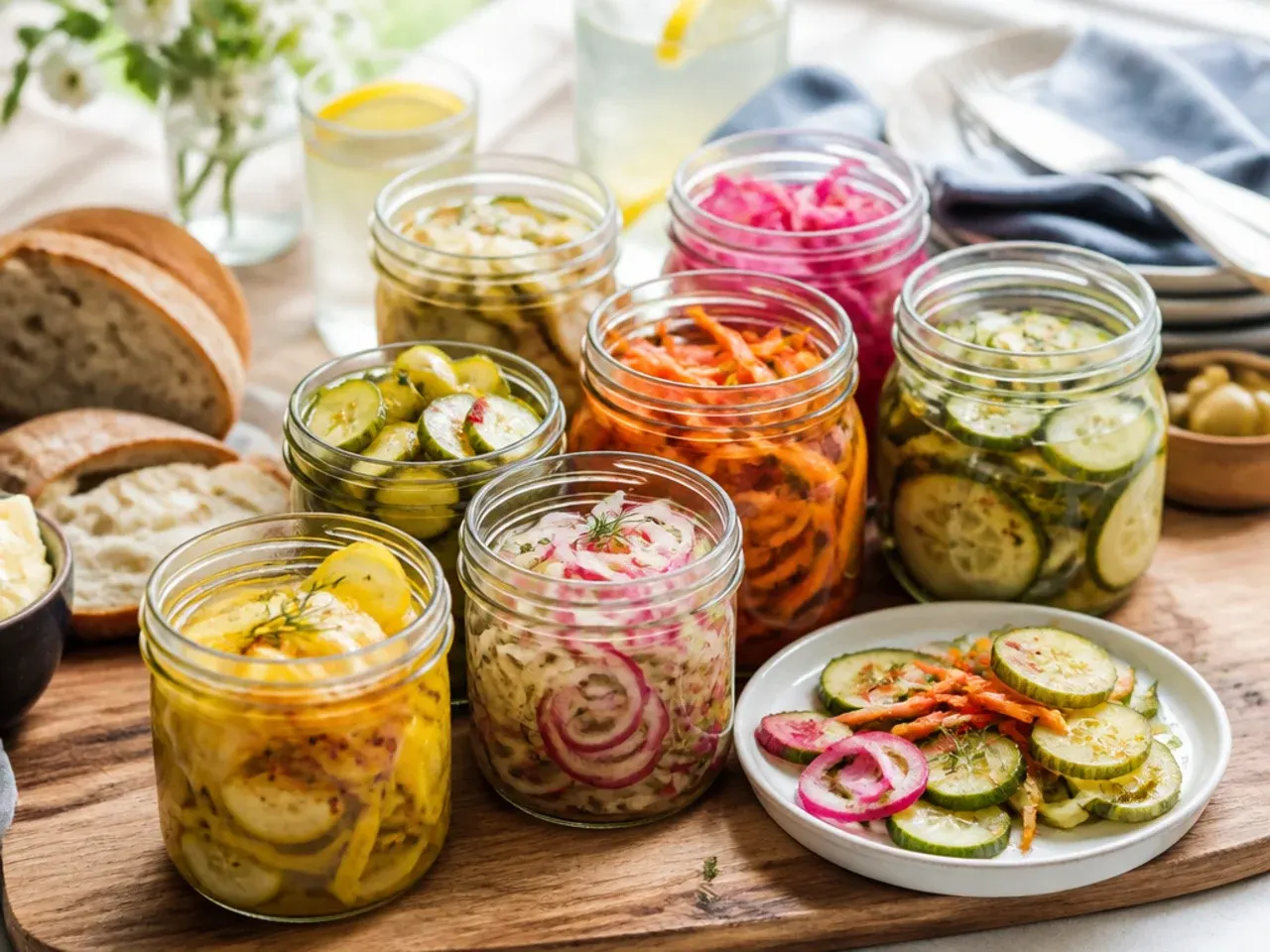 Burger topped with pickle slices next to a small bowl of extra pickles