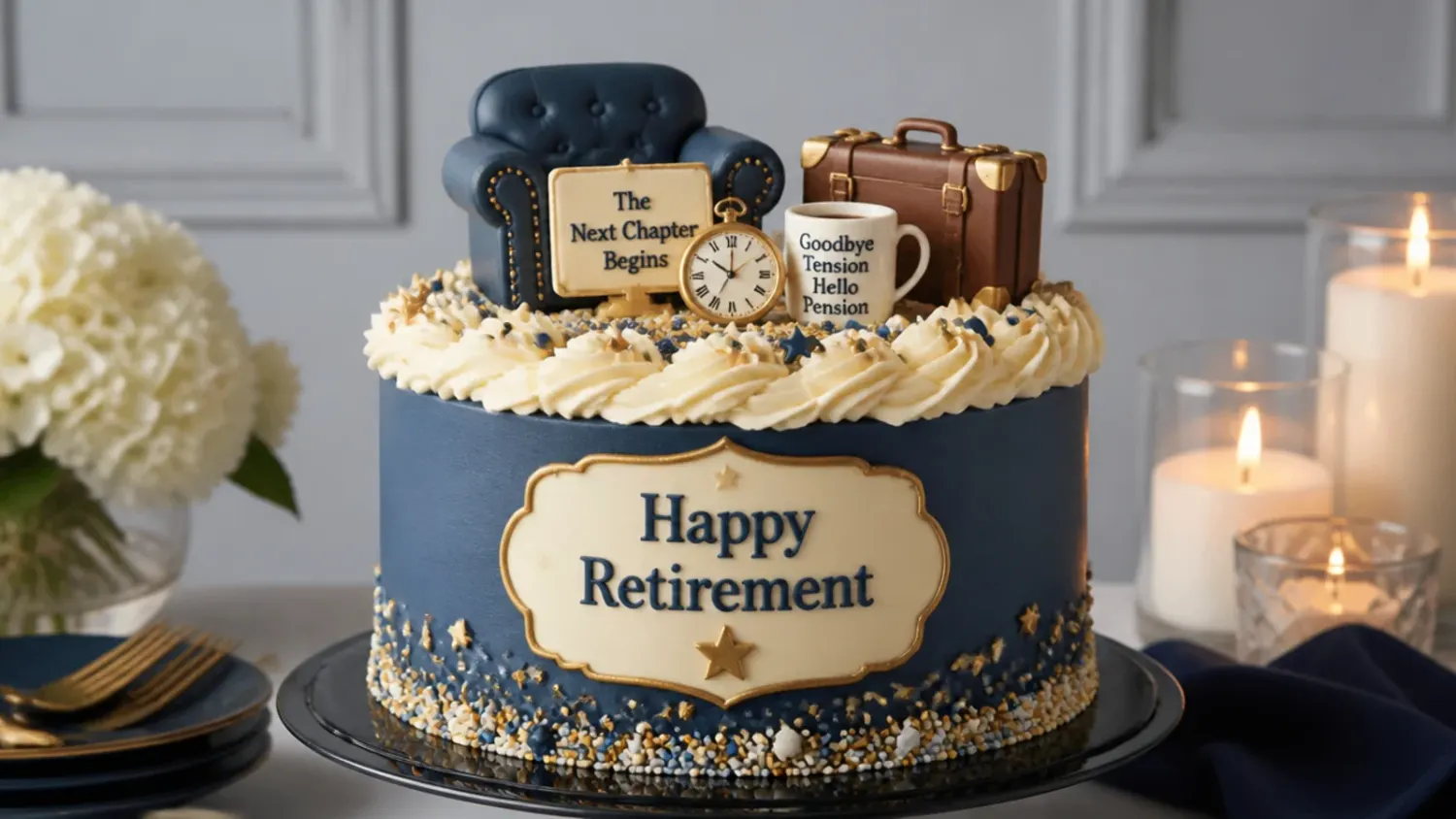 A chocolate retirement celebration cake decorated with a Happy Retirement plaque, golf ball fondant details and gold sprinkles on a wooden board