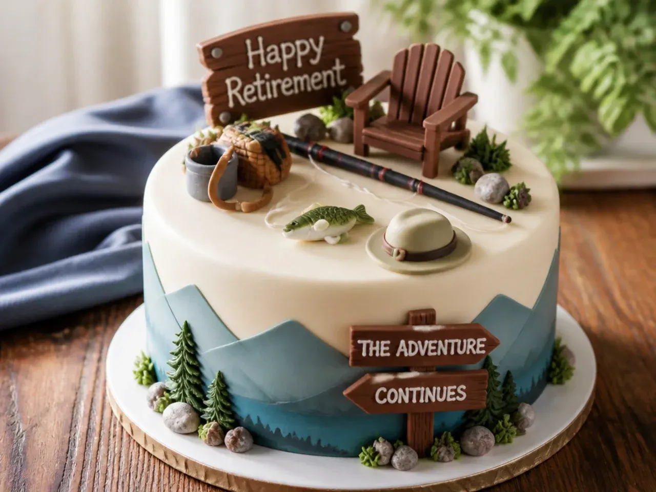 Overhead view of a decorated retirement cake surrounded by baking tools and fondant decorations