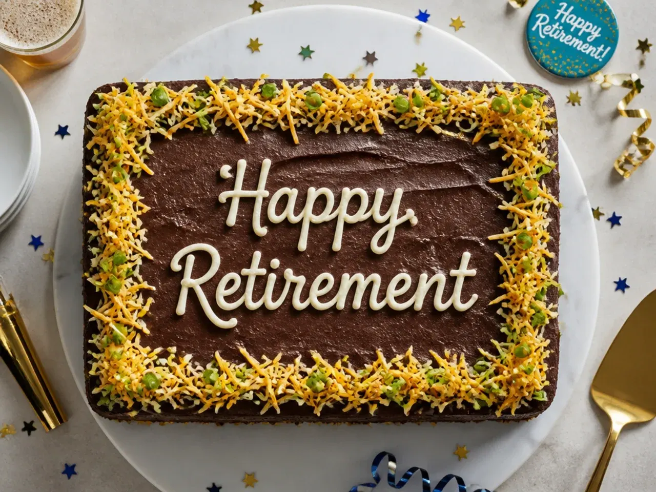 Rectangular chocolate sheet cake with piped Happy Retirement lettering in white buttercream