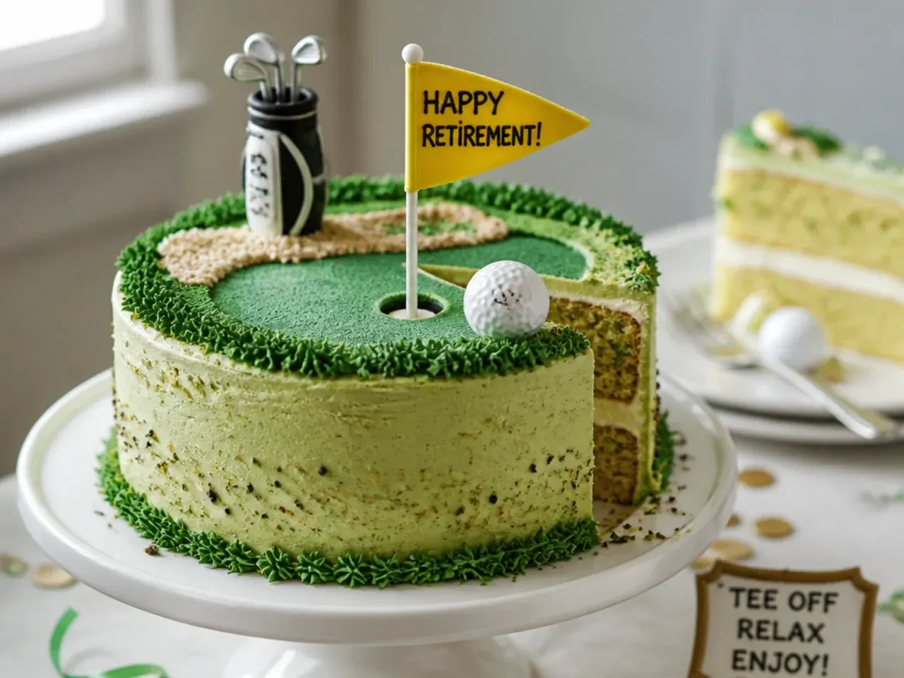 Round retirement cake with green textured buttercream, chocolate golf balls and a fondant flag topper