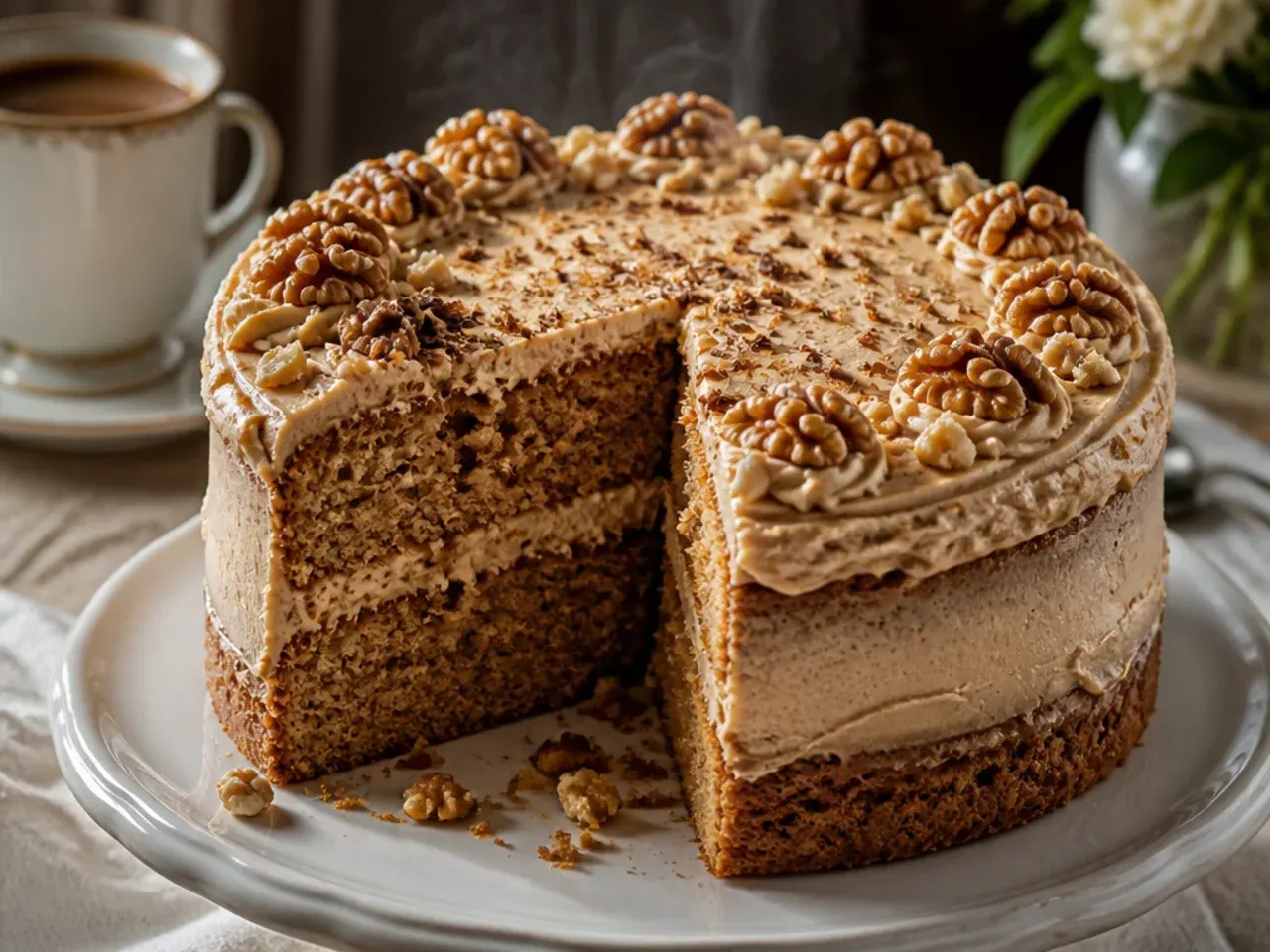 Coffee and walnut layer cake with coffee buttercream and walnut halves on top