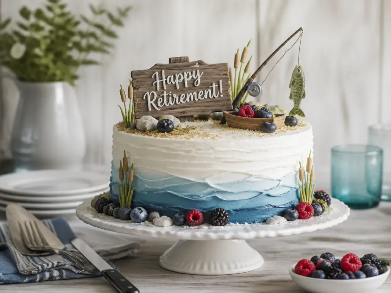 Blue textured buttercream cake styled as water with a fondant fish and mini fishing rod topper