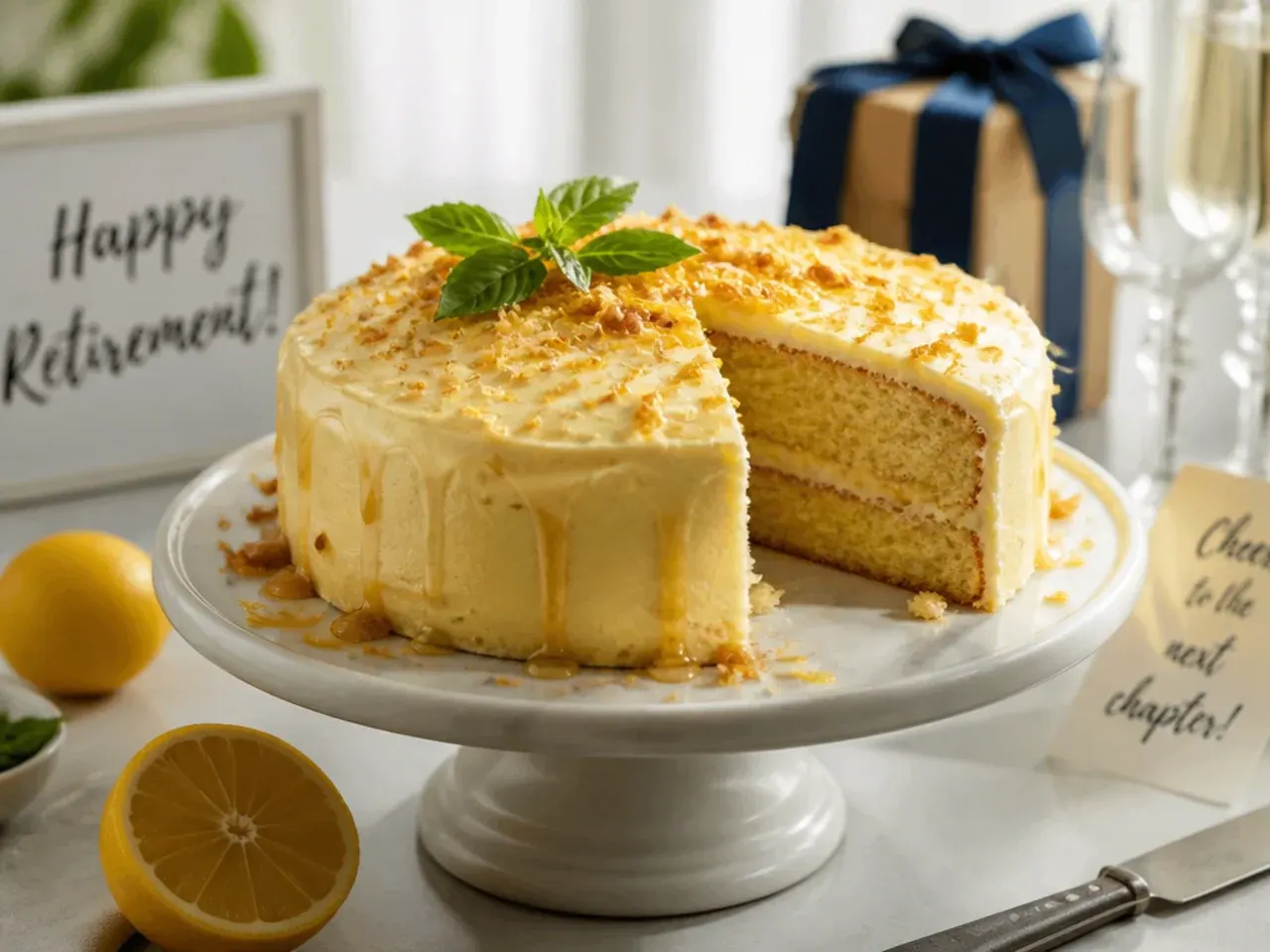 Lemon drizzle cake with cream cheese frosting swirls and candied lemon zest on top