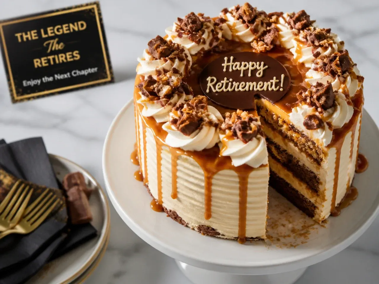Layer cake with salted caramel drip running down the sides and pretzel pieces at the base