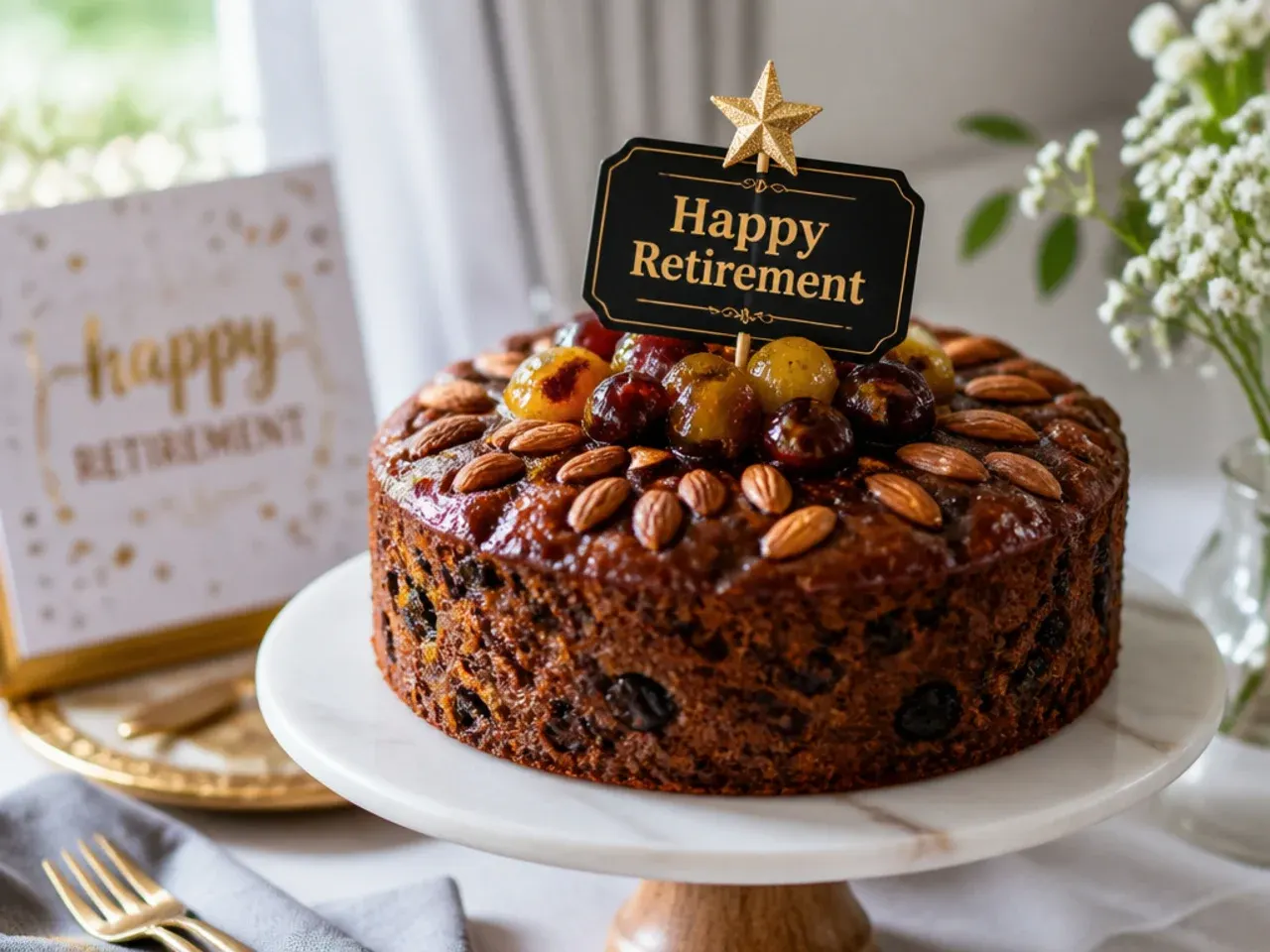 Rich fruit cake covered in smooth white fondant with a simple ribbon border