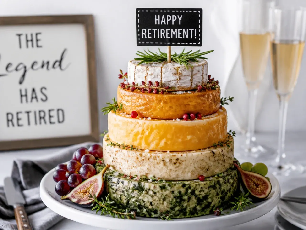 Three-tiered savoury cheese wheel tower decorated with grapes and crackers, styled like a celebration cake