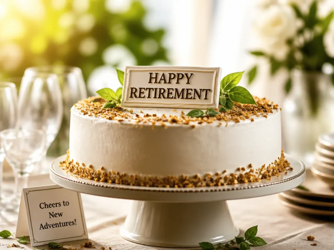 Celebration cake with a fondant bunting border in gold and navy and gold-dusted chocolate coins on top